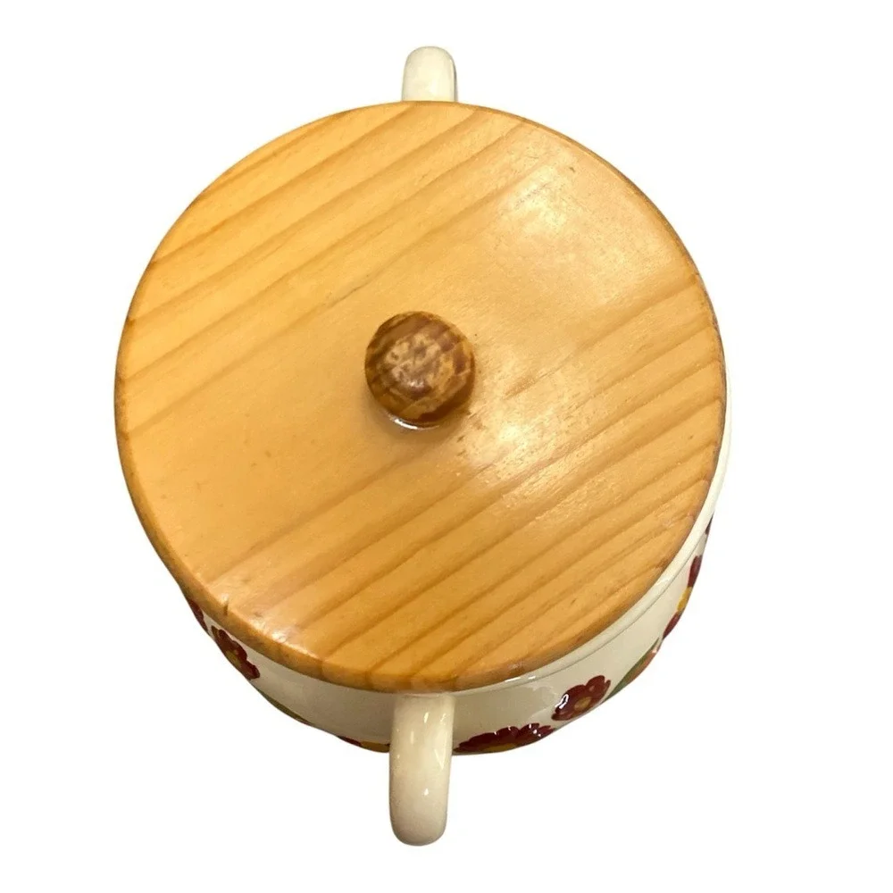 Vintage MSRF‎ French Country Floral Pottery Jar Wooden Lid Handles 9.5″